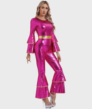 Dames Jumpsuit 70s Disco Metallic Met Wijde Pijpen en Flare Mouwen