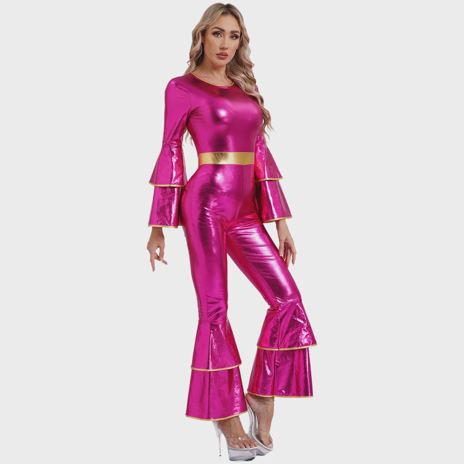 Dames Jumpsuit 70s Disco Metallic Met Wijde Pijpen en Flare Mouwen