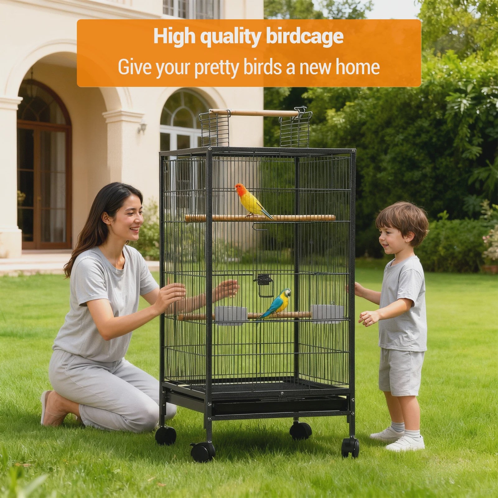 Grote Vogelkooi met Standaard - Wrought Iron Vliegkooi voor Parkieten, Kaketoe, Papegaai