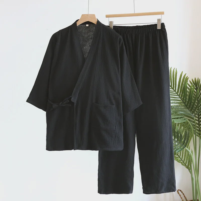 Luxe Katoenen Kimono Pyjama Set Heren - 2 Delig met Lange Broek en Zakken