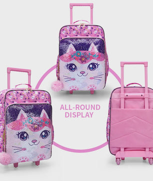 Roze Kinderkoffer met Kattenprint en Pailletten - 18 inch Handbagage