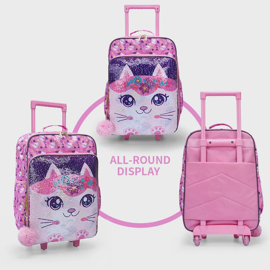 Roze Kinderkoffer met Kattenprint en Pailletten - 18 inch Handbagage