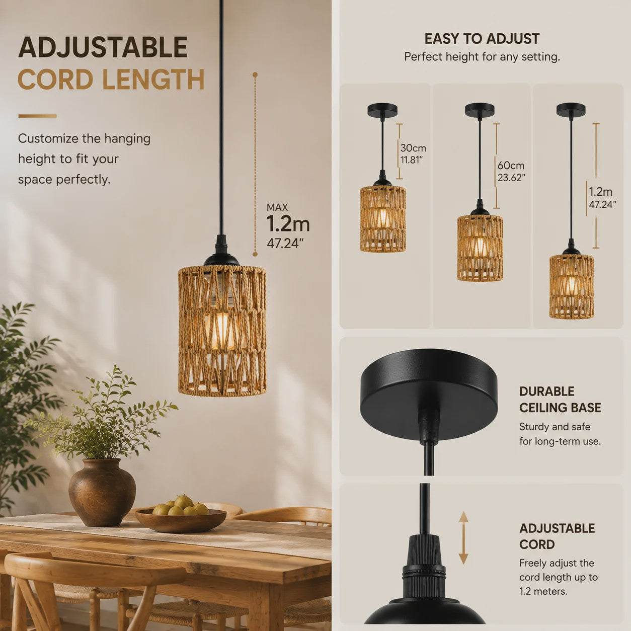 Hanglamp Gevlochten Hennep Touw met E27 Fitting - 1.2m Verstelbaar - Sfeervolle Decoratie