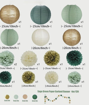 16-delige Feestdecoratie Set: Saliegroene Lampionnen & Pompons in Goud, Ivoor & Grijsgroen
