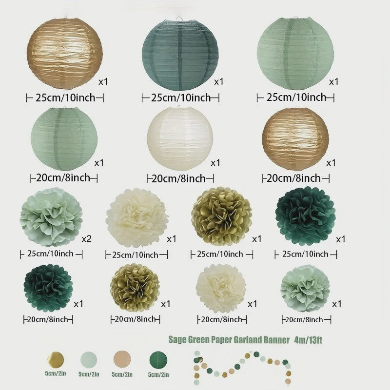 16-delige Feestdecoratie Set: Saliegroene Lampionnen & Pompons in Goud, Ivoor & Grijsgroen