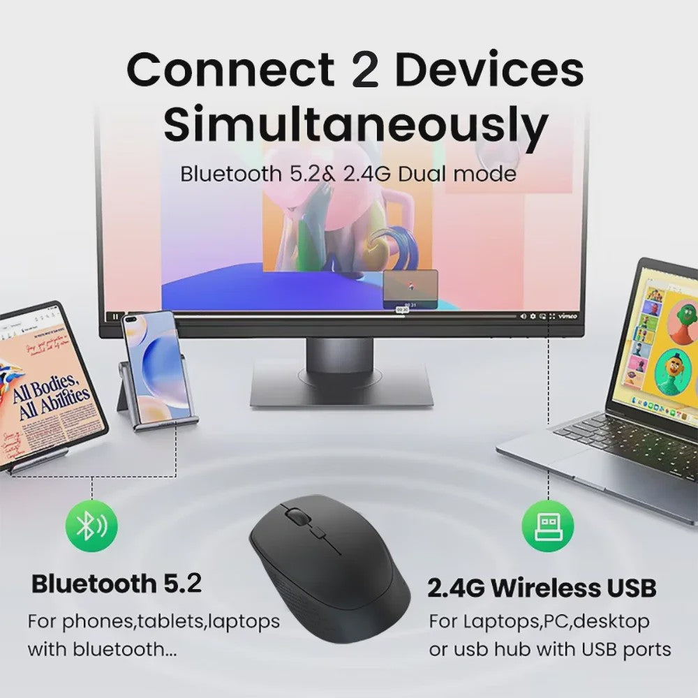 Draadloze Dual-Mode Muis: Bluetooth 5.2 & 2.4G, Oplaadbaar, Stille Kliks voor PC & Laptop