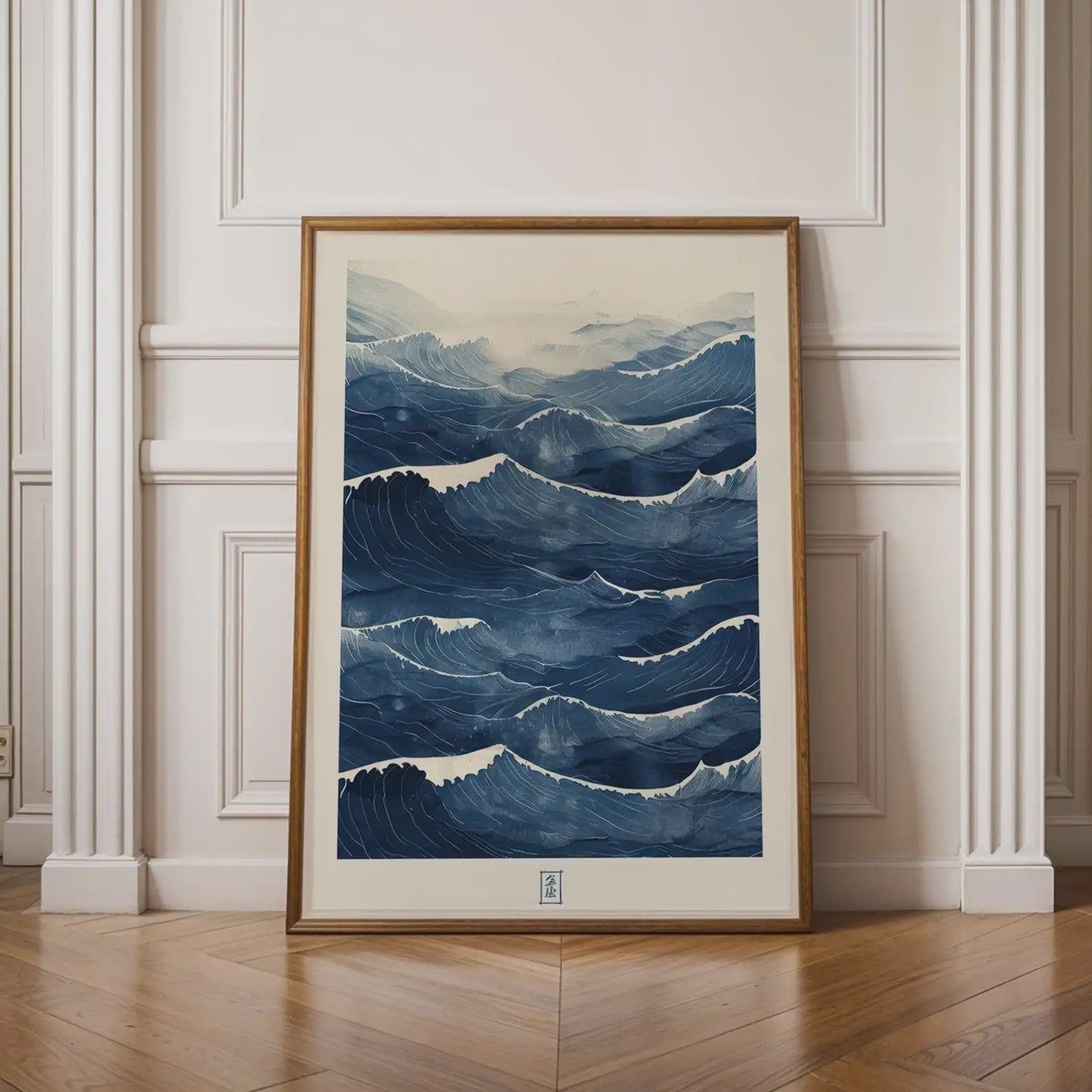 Abstracte Blauwe Golven Canvas Poster - Japandi Zen Stijl Wanddecoratie