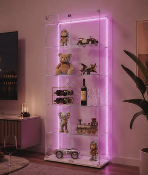 Moderne Witte Glazen Vitrinekast met LED Verlichting, 5 Legborden en 2 Vergrendelbare Deuren - 186x78x34 cm
