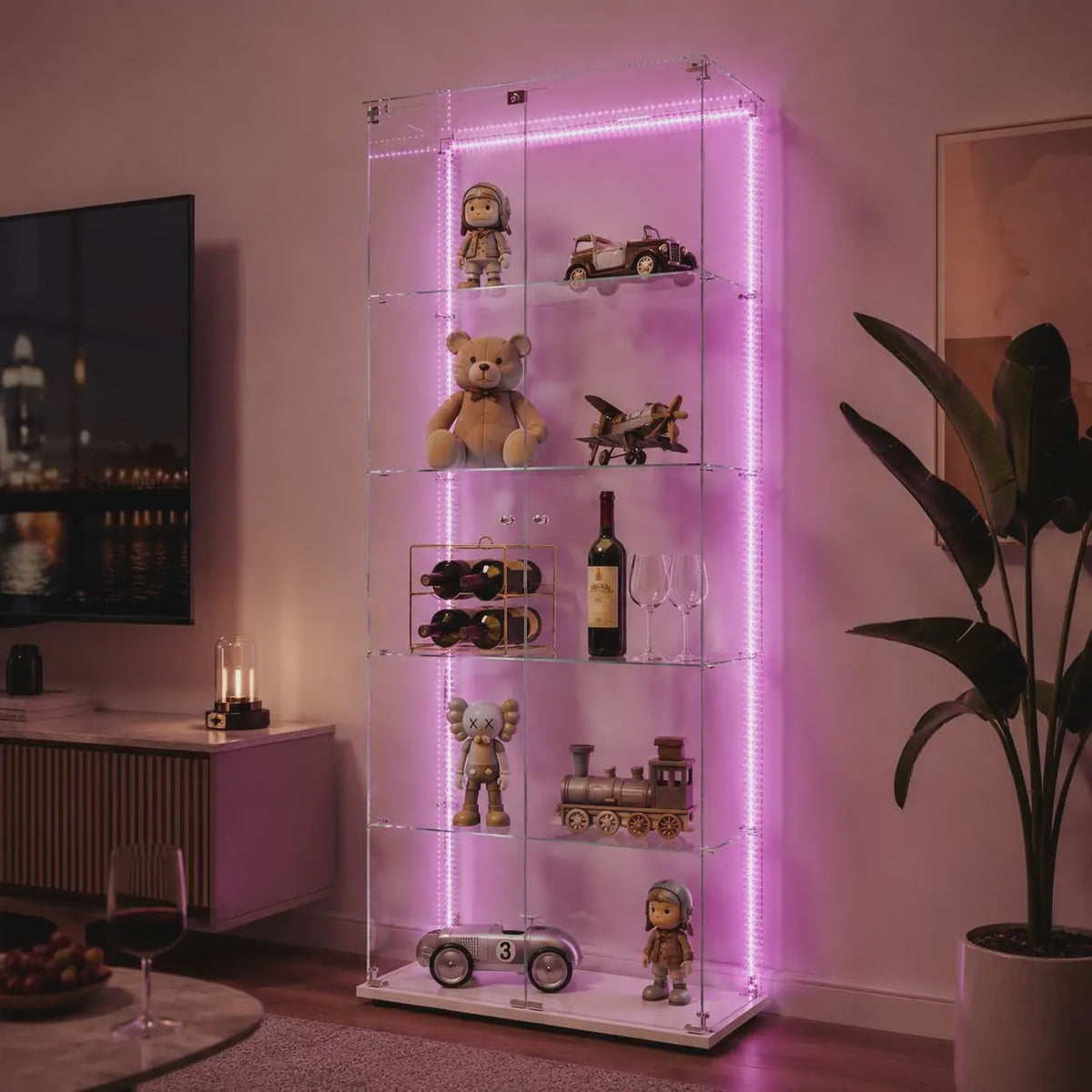 Moderne Witte Glazen Vitrinekast met LED Verlichting, 5 Legborden en 2 Vergrendelbare Deuren - 186x78x34 cm