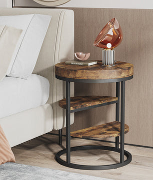 Industriële Ronde Bijzettafel met 3 Opbergplanken - Perfect voor Kleine Ruimtes