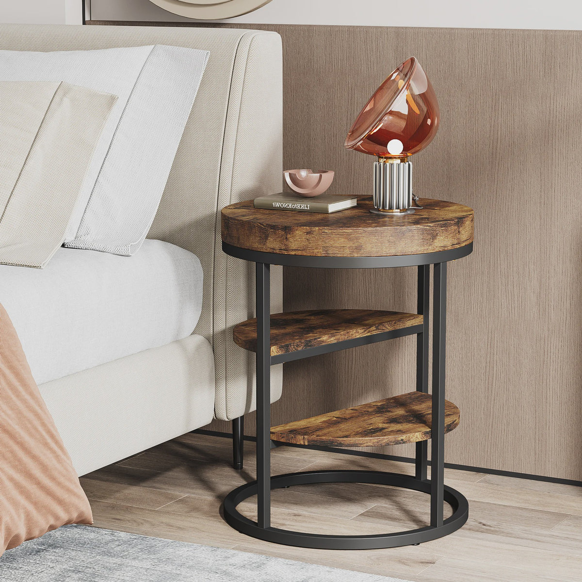 Industriële Ronde Bijzettafel met 3 Opbergplanken - Perfect voor Kleine Ruimtes