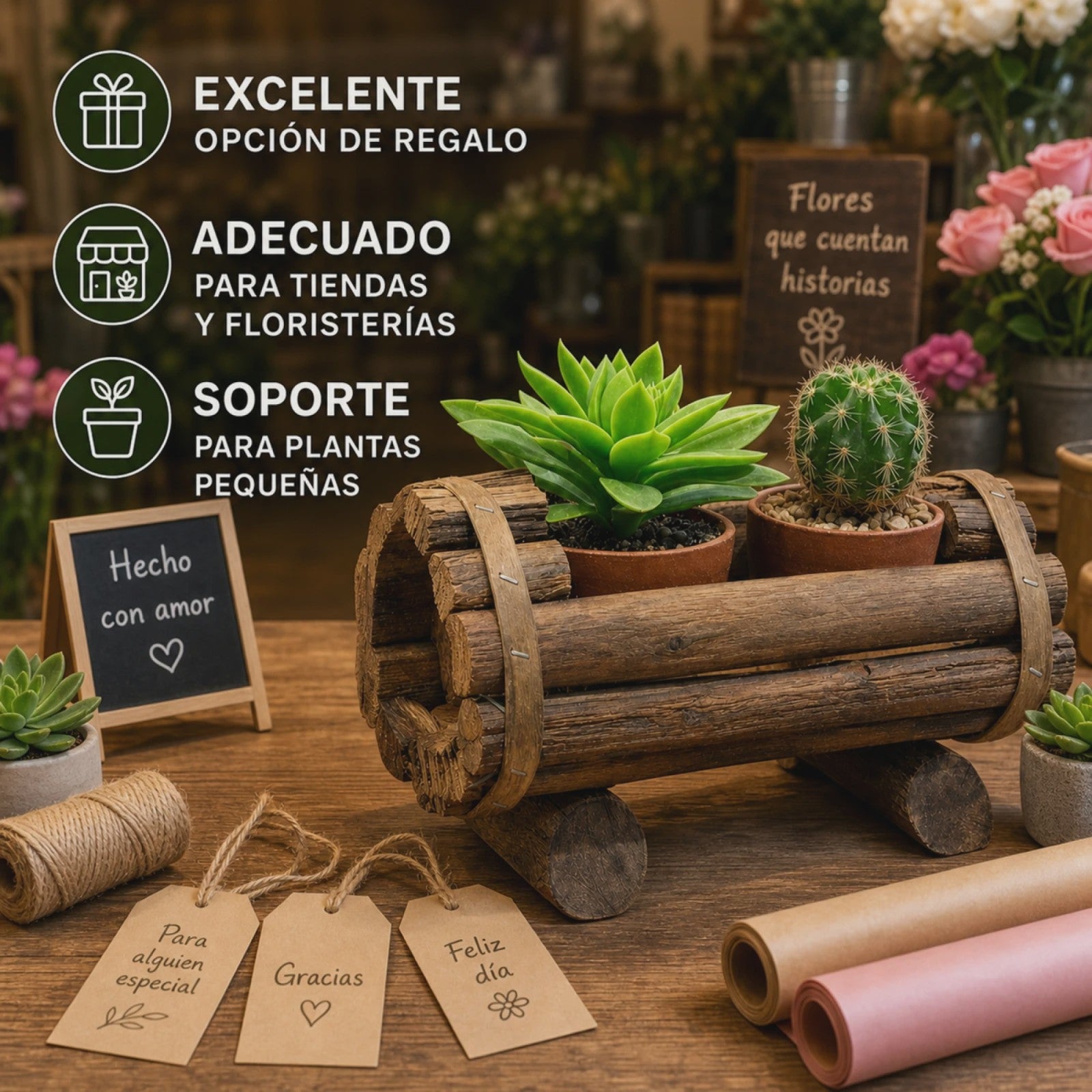 Rustieke Houten Plantenbak voor Succulenten & Cactussen - Handgemaakt Log Decor 20x12cm