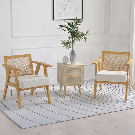 Stijlvolle Lounge Chair met Rotan Rugleuning en Houten Armleuningen - Beige