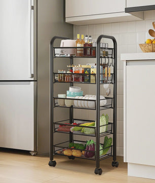 5-Laags Keuken Trolley met Wielen - Carbon Staal Opbergrek met Haken