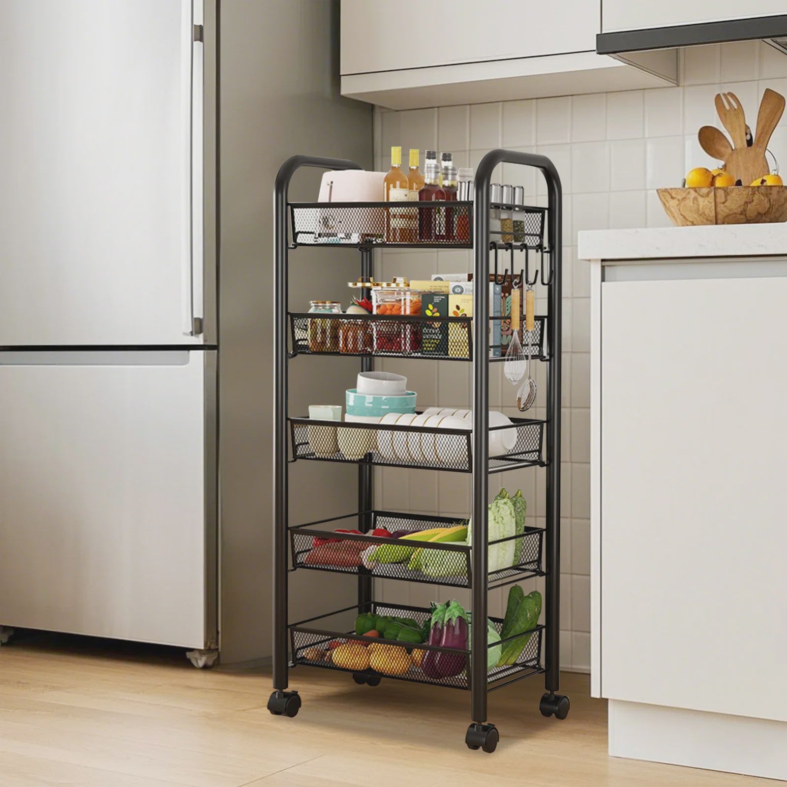 5-Laags Keuken Trolley met Wielen - Carbon Staal Opbergrek met Haken