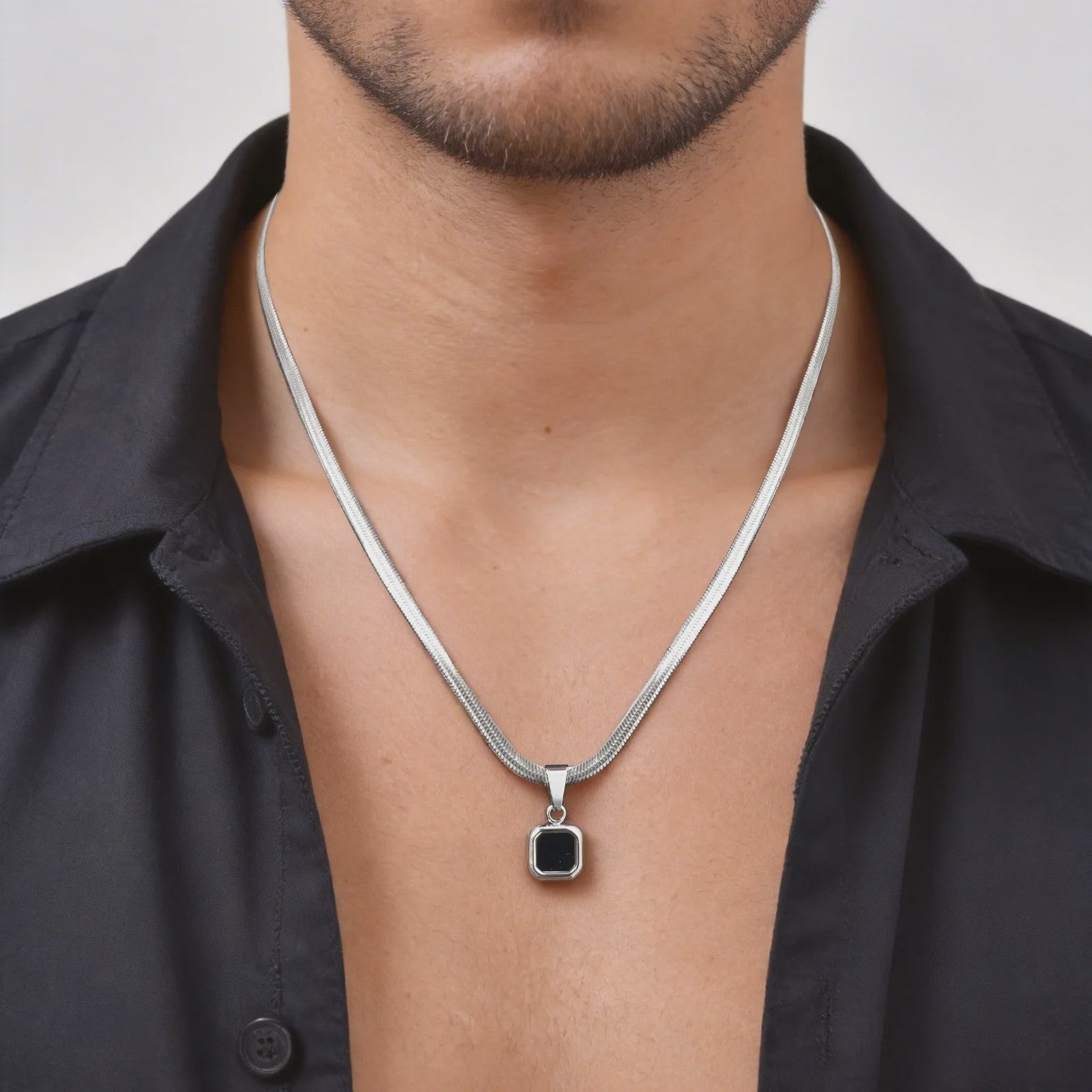 Vnox Heren Ketting met Geometrische Vierkante Natuursteen Hanger - Goud/Zilver Kleur Roestvrij Staal Blade Ketting