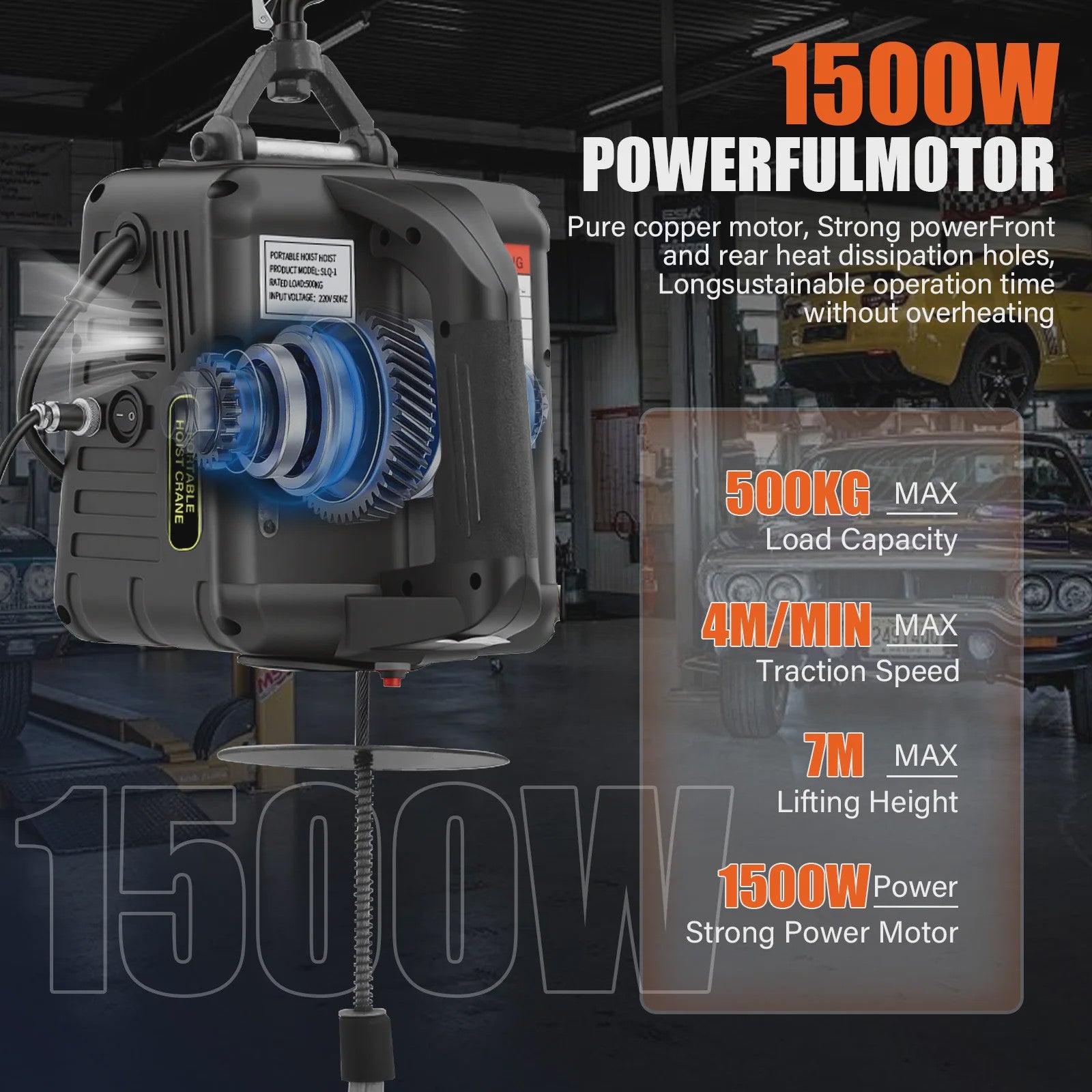 Elektrische Takel 500 kg - 7m Hefhoogte, 4m/min Snelheid, Kabel & Handmatige Bediening