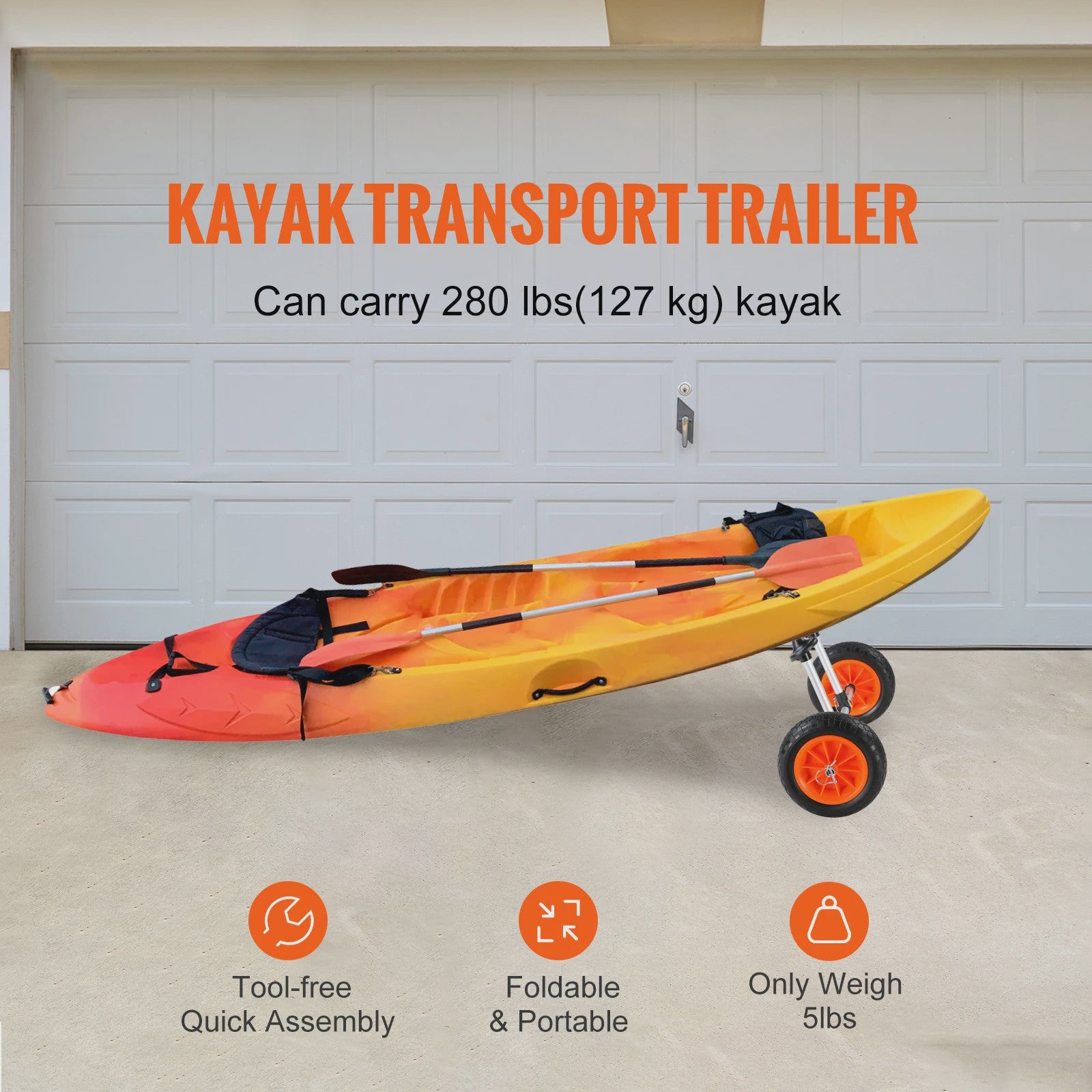 Robuuste Kayak & Kano Trailer Kar met 10'' Massieve Banden - Verstelbare Breedte & 127kg Draagvermogen