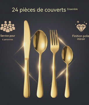24-delige Goudkleurige RVS Bestekset - Portugees Design, Steakmessen & Dessertlepels