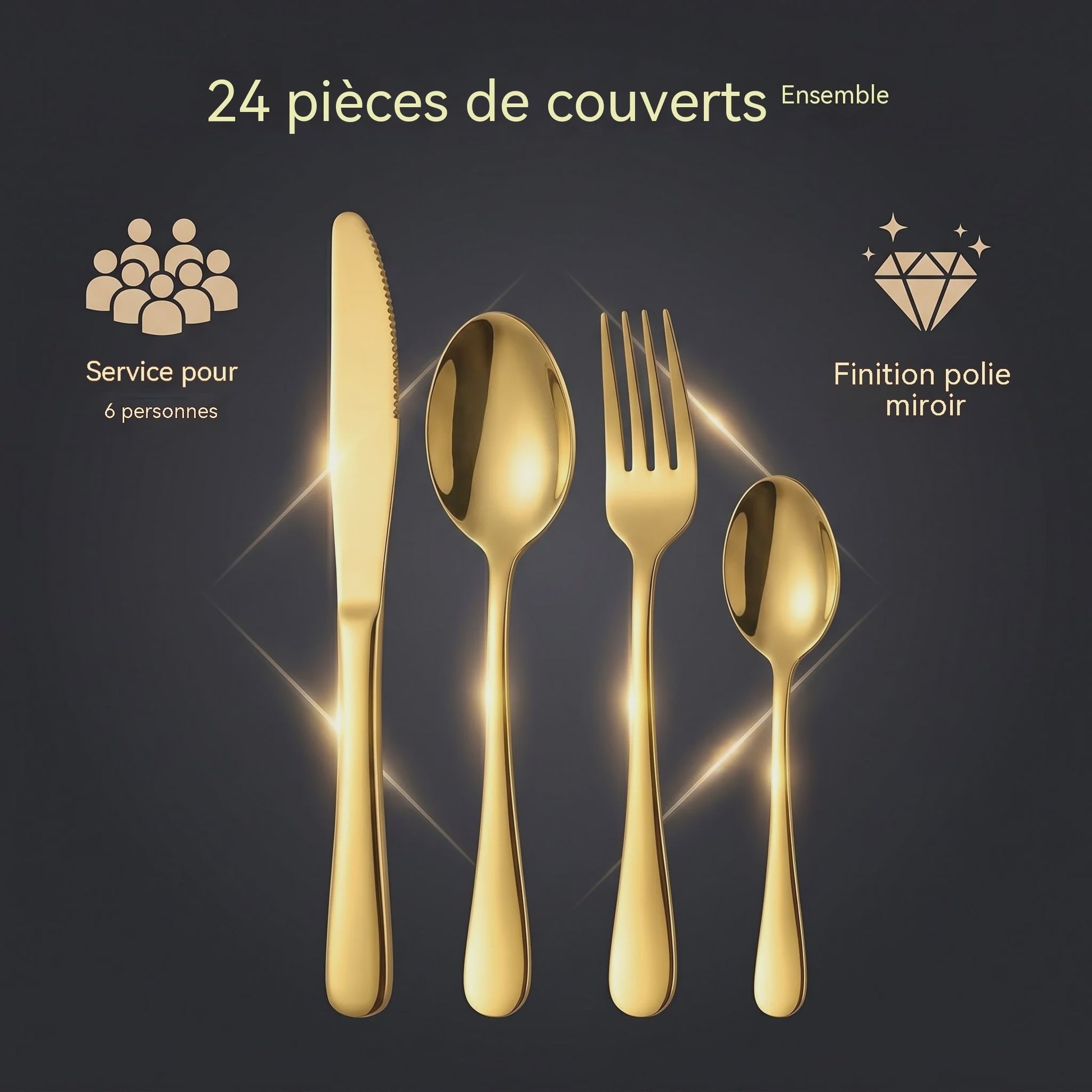 24-delige Goudkleurige RVS Bestekset - Portugees Design, Steakmessen & Dessertlepels
