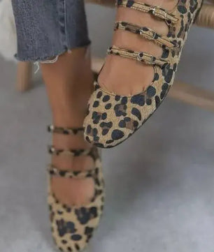 Dames Platte Schoenen met Luipaardprint, Drie Gespen en Ponyhaar Textuur