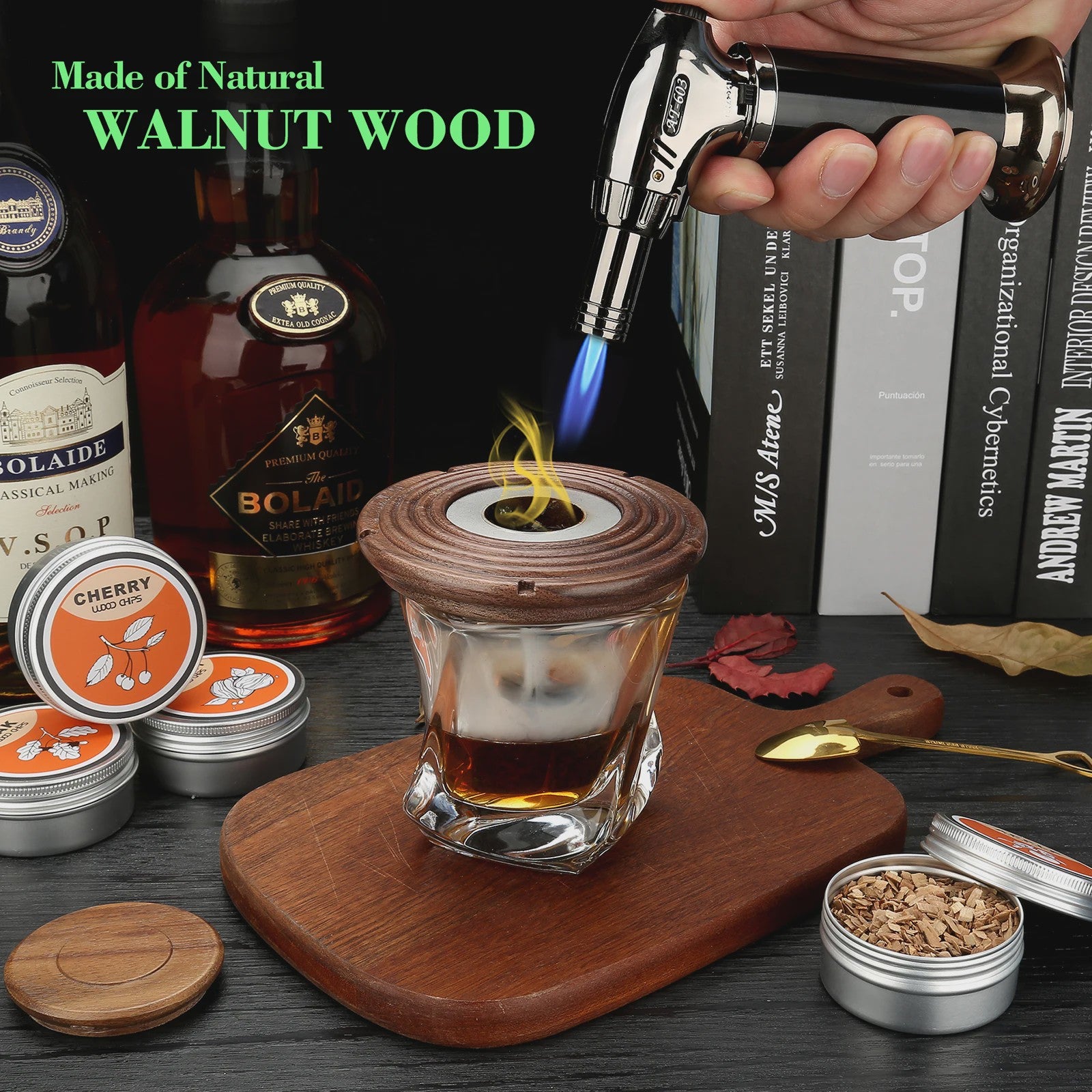 Cocktail Smoker Kit: Rook Aroma met Brandertje, Houtchips & Whiskey Stenen