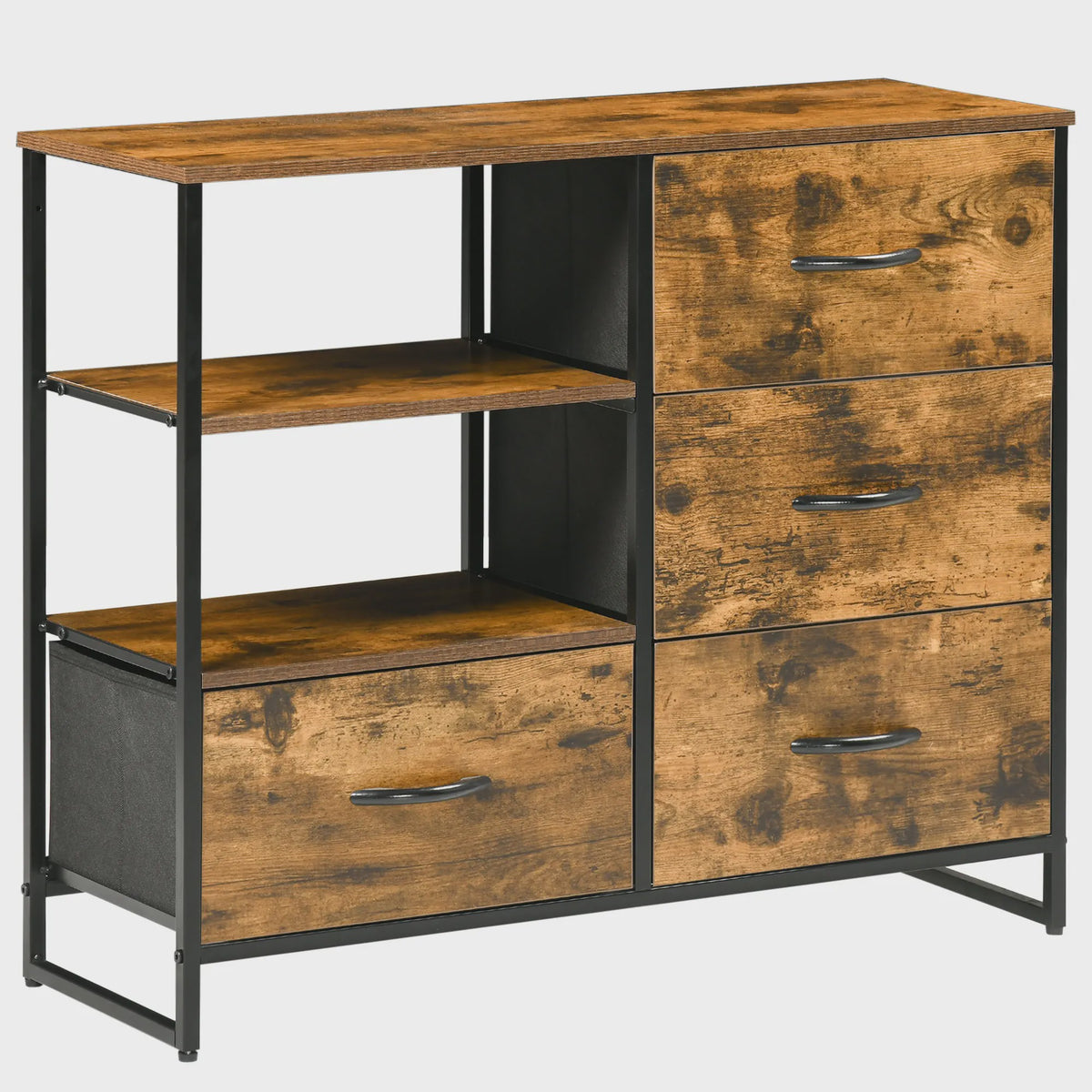 Industriële Ladekast met 4 Stoffen Lades en 2 Open Vakken - 84x30x71,5 cm