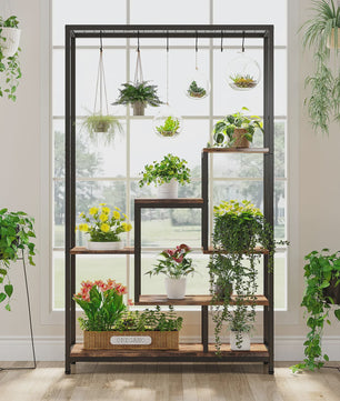 Hoge Plantenstandaard 180cm met 5 Treden en 10 Ophanghaken - Metaal & Hout