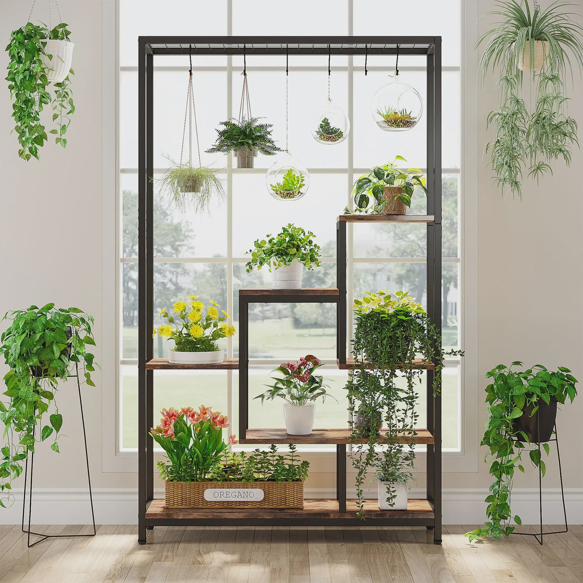 Hoge Plantenstandaard 180cm met 5 Treden en 10 Ophanghaken - Metaal & Hout