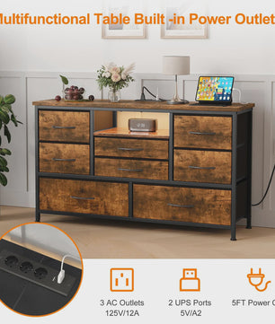 Industriële TV Meubel met 8 Lades, USB Laadstation & EU Stopcontacten - Sfeervolle Woonkamer Opbergkast