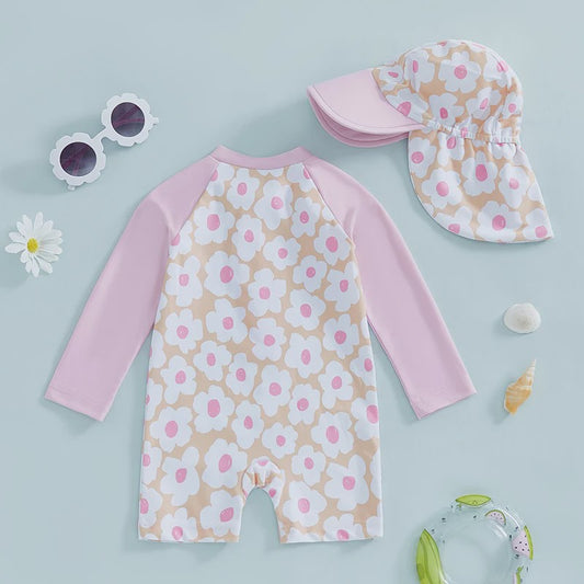 Meisjes Zwempak Lange Mouwen met Zonnehoed - Bloemenprint