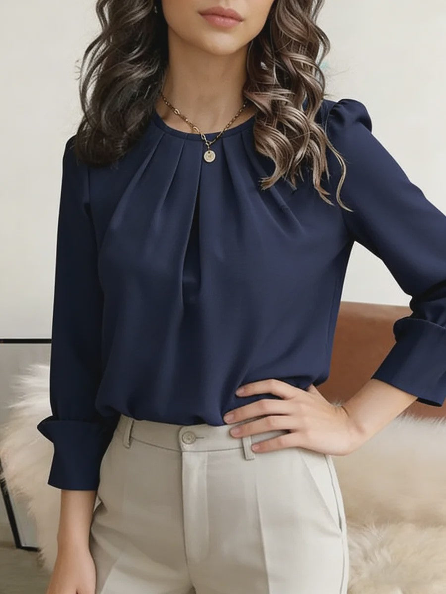 Dames Blouse met Ronde Hals en Plooien - Elegante Lange Mouwen Top voor Casual en Kantoor