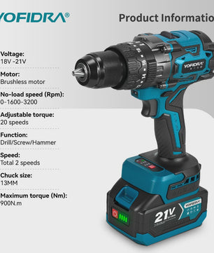 YOFIDRA 21V Brushless Accuboormachine 900Nm 13mm - Krachtige Boor- en Schroefmachine