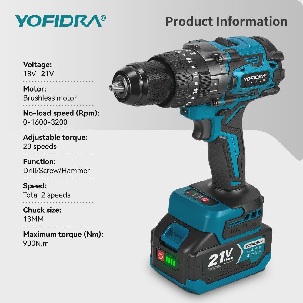 YOFIDRA 21V Brushless Accuboormachine 900Nm 13mm - Krachtige Boor- en Schroefmachine