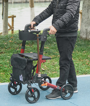 Opvouwbare Aluminium Rollator met 4 Wielen, Verstelbare Hoogte, Dubbele Remmen en Opbergtas - Rood