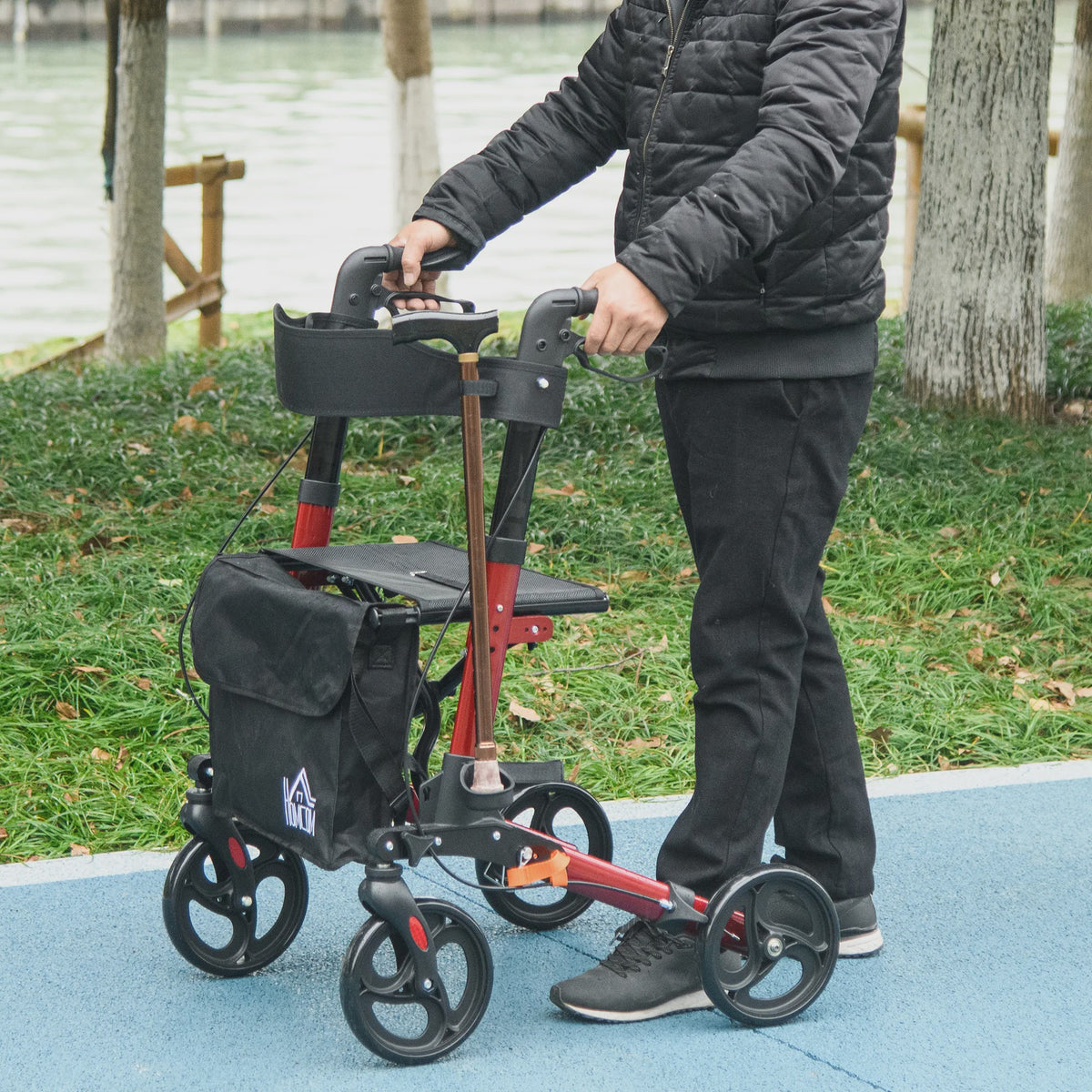 Opvouwbare Aluminium Rollator met 4 Wielen, Verstelbare Hoogte, Dubbele Remmen en Opbergtas - Rood