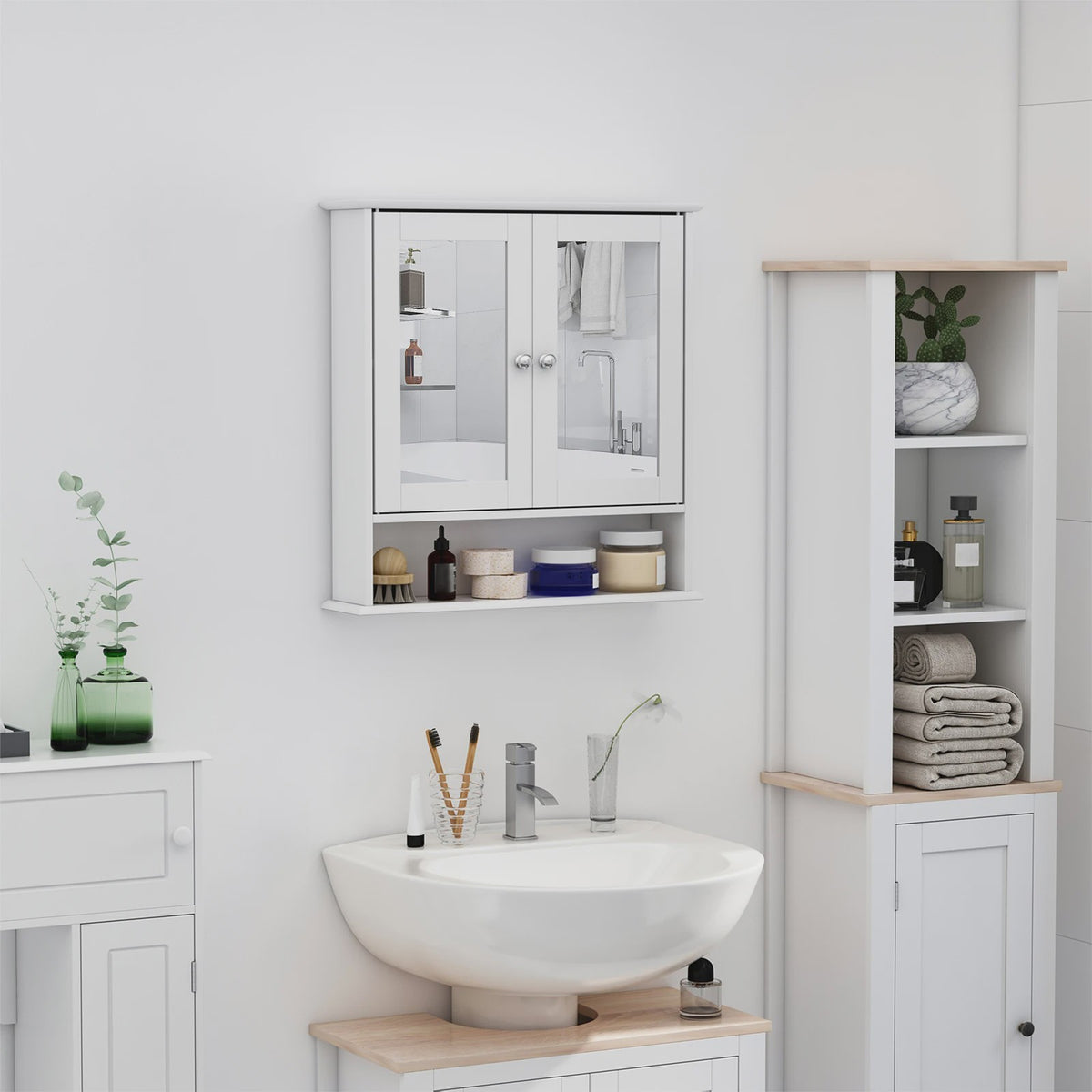 Kleankin Bathroom Cabinet with Wall Mirror with 2 Doors 3-Tier Cabinet for Storage Wall Cabinet