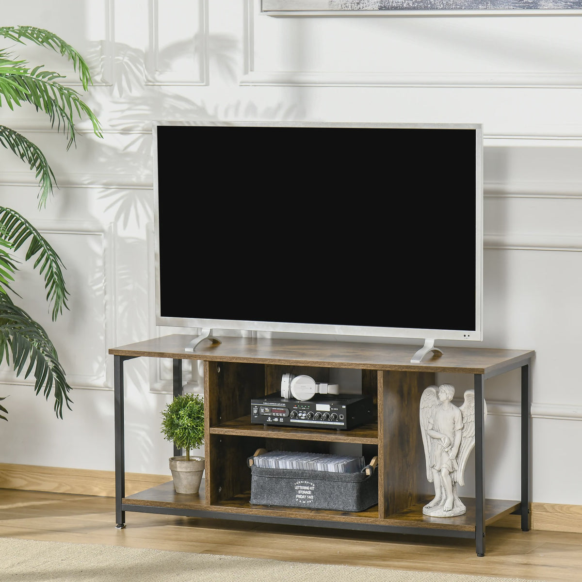 HOMCOM furniture TV cm TV TV furniture up to 55 inch with open compartments and adjustable shelf, industrial TV bench for bedroom, living room, rustic brown