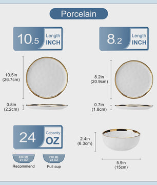 LOVECASA 12/24-delig Servies Set - Porselein met Gouden Rand - Dinerborden & Kommetjes