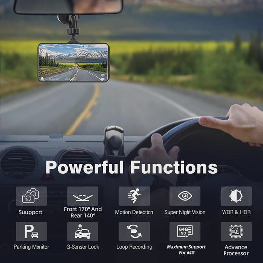E-ACE Full HD 1080P Dash Cam met 4-inch Touch IPS Scherm, Dubbele Camera Voor & Achter, Nachtzicht en Parkeerfunctie