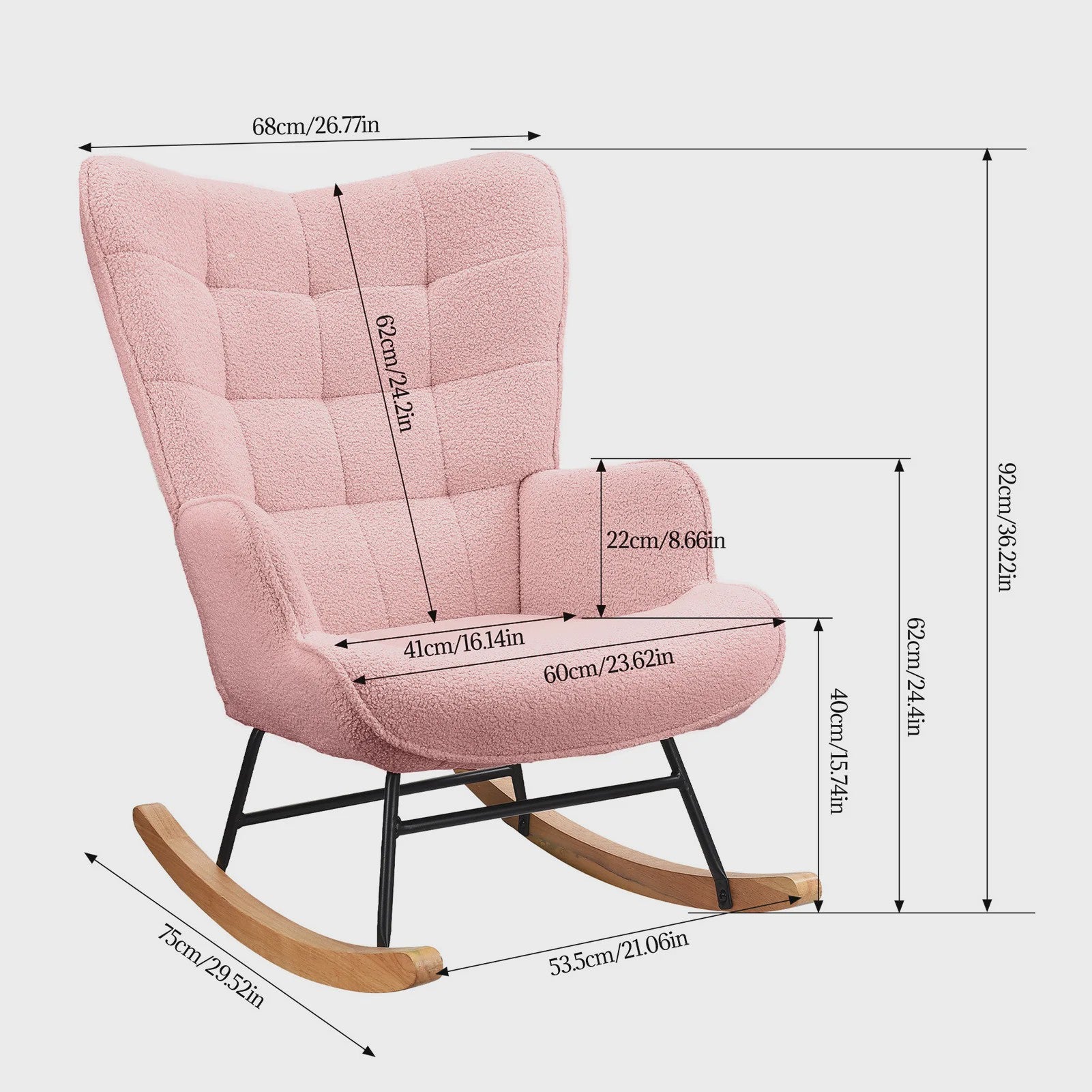 Roze Teddy Fluweel Schommelstoel met Armleuningen - Comfortabele Fauteuil voor Woonkamer & Slaapkamer