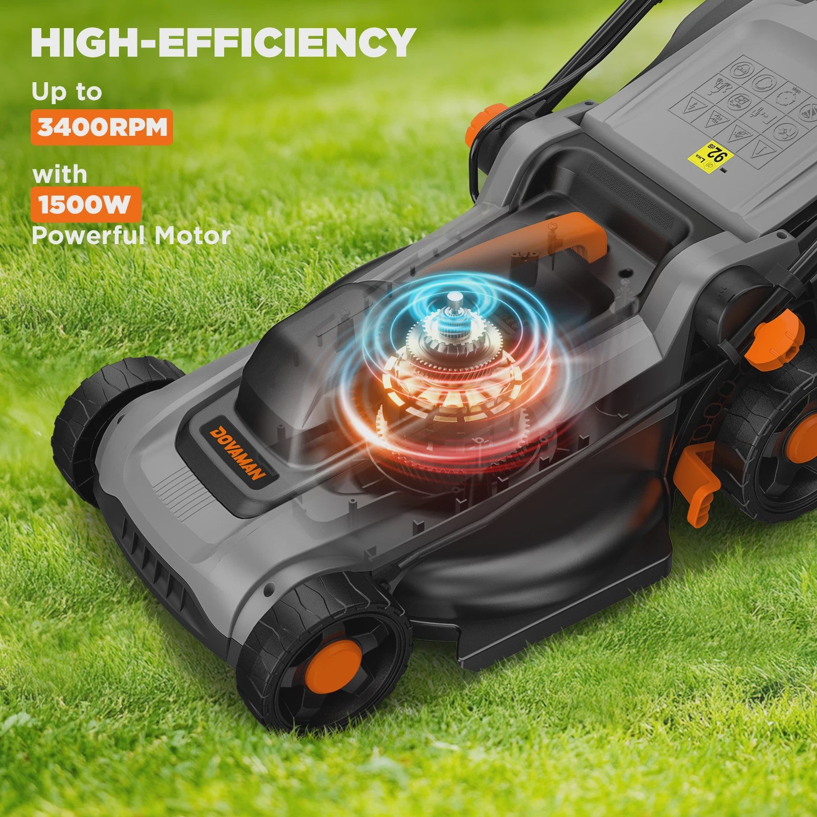 DOVAMAN Elektrische Grasmaaier 1500W - 36cm Maaibreedte, 40L Opvangbak, Mulchfunctie