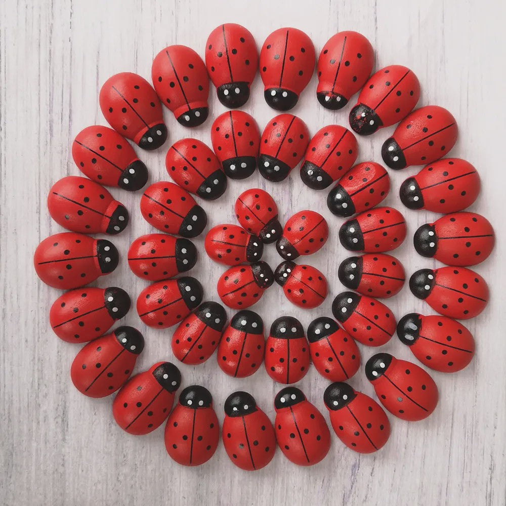 Houten Lieveheersbeestjes Decoratie Set - 5 Stuks - Miniatuur Tuin & Knutsel Accessoires