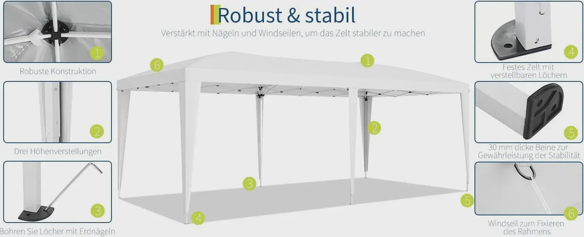 Klapgazebo 3x6m Wit - Ruime Feesttent met 6 Zijwanden voor Feest, Camping & Tuin