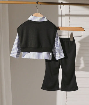 Schattige Baby Meisjes Set: Geborduurd Vest, Gestreept Shirt & Flared Broek