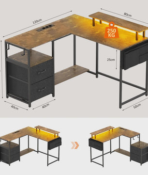L-Hoekbureau met LED, 3 Stopcontacten, 2 USB-poorten, 2 Laden & Monitorstandaard