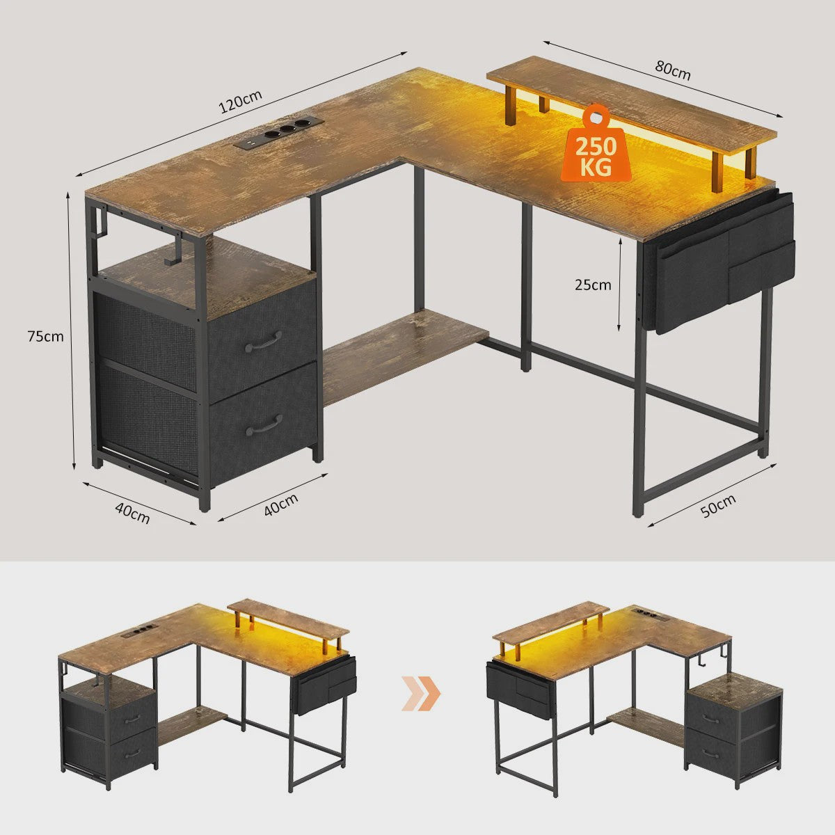 L-Hoekbureau met LED, 3 Stopcontacten, 2 USB-poorten, 2 Laden & Monitorstandaard