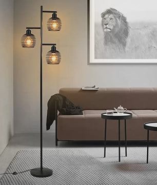 Industriële Staande Lamp Zwart Metaal - 3 Lichtpunten, E27 Fitting, 152cm Hoog