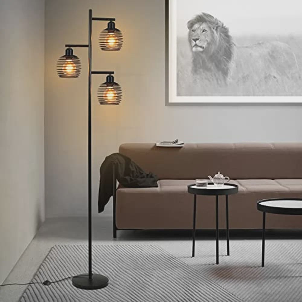 Industriële Staande Lamp Zwart Metaal - 3 Lichtpunten, E27 Fitting, 152cm Hoog