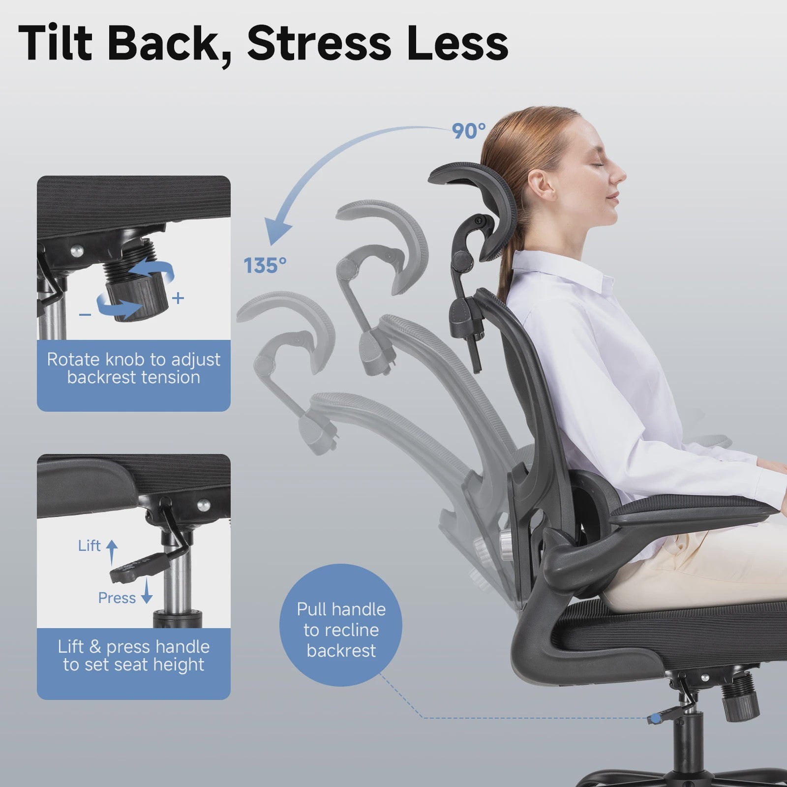 Ergonomische bureaustoel met 3D hoofdsteun, lendensteun en geïntegreerde kledinghaak